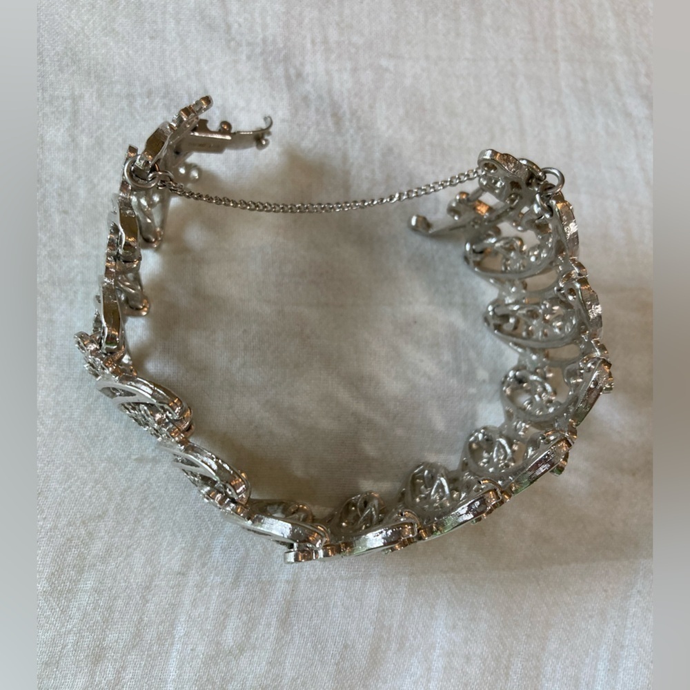 Monet Open Design Filigree Vintage Silver Tone Bracelet w/ Safety Chain - Picture 8 of 9